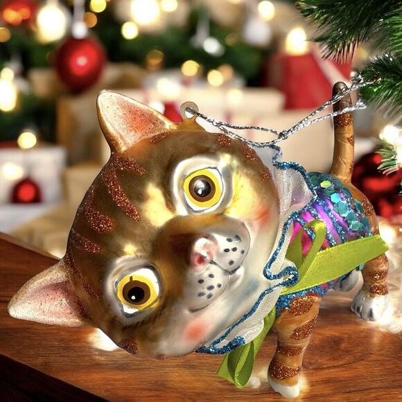 RAZ Imports Orange Tabby Cat Blown Glass Christmas Ornament Anthropomorphic 4” - Picture 1 of 16
